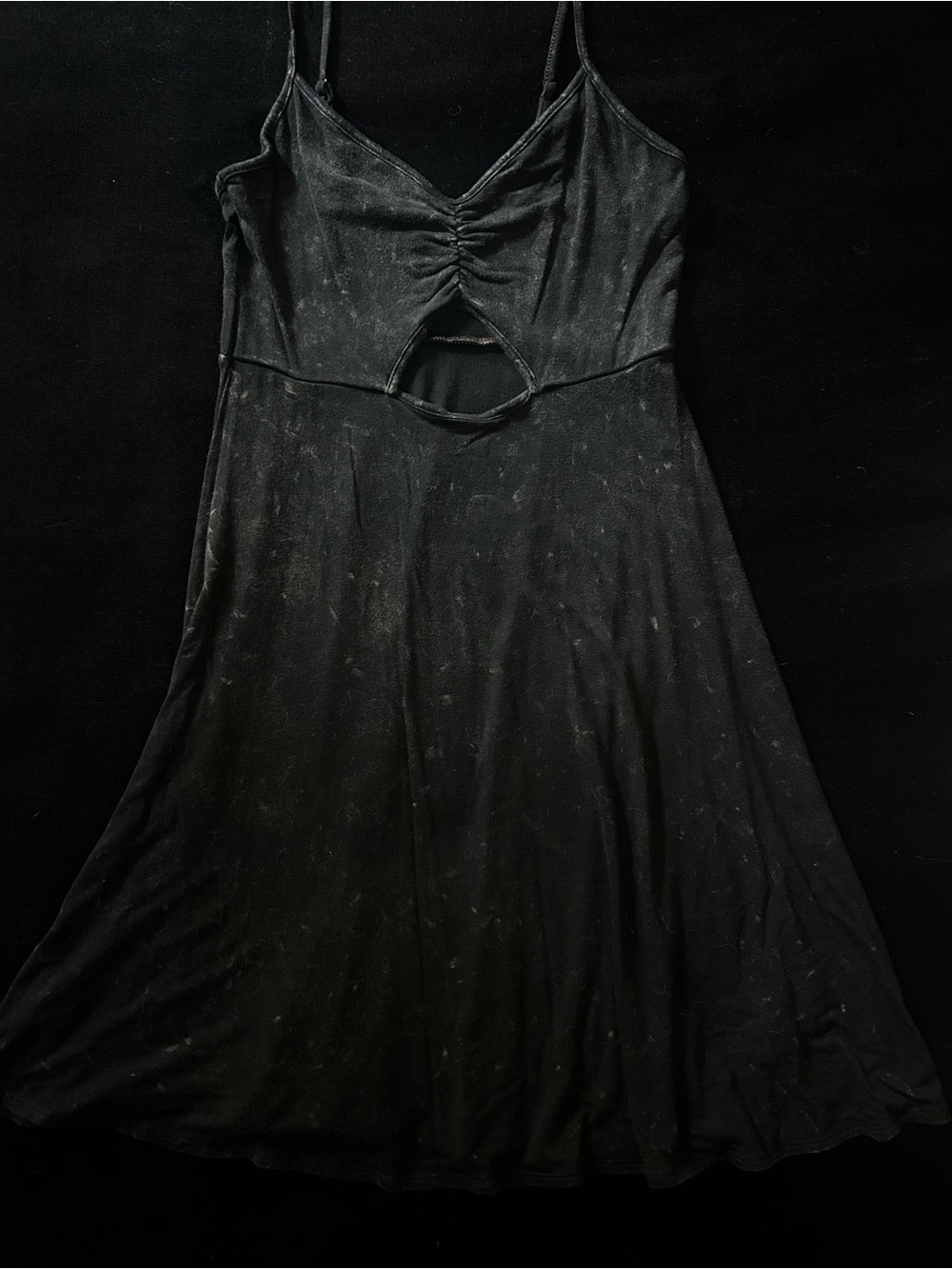 American Eagle Black Acid Wash Cutout Mini Dress XS Ruched V-Neck Skater